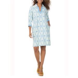 Foxcroft Angel Geo Shift Jersey Knit 3/4 Sleeve Dress Blue 2X EZ Care